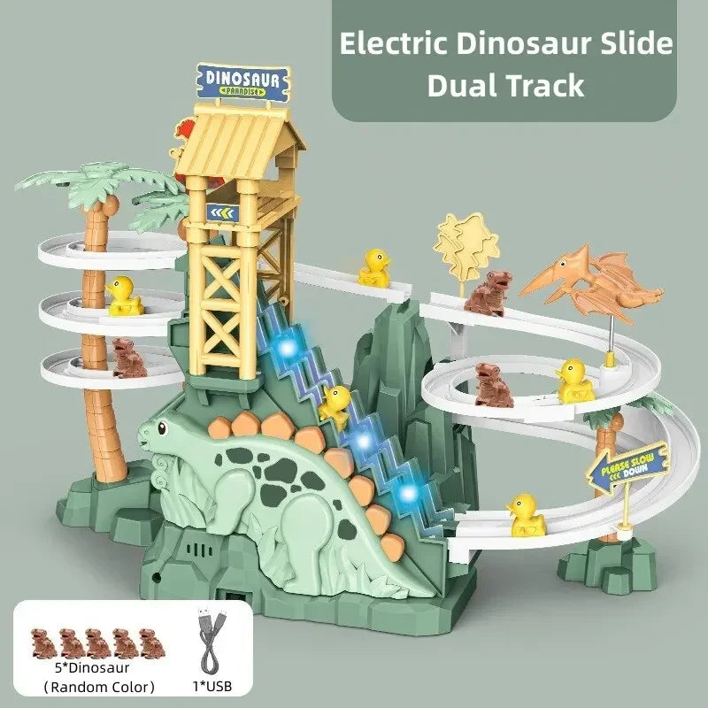 Electric Double Track Dinosaur Car Slide Climbing Stairs Adventure Dinosaur Railcar Toy Music Educational Toy for Children Gift