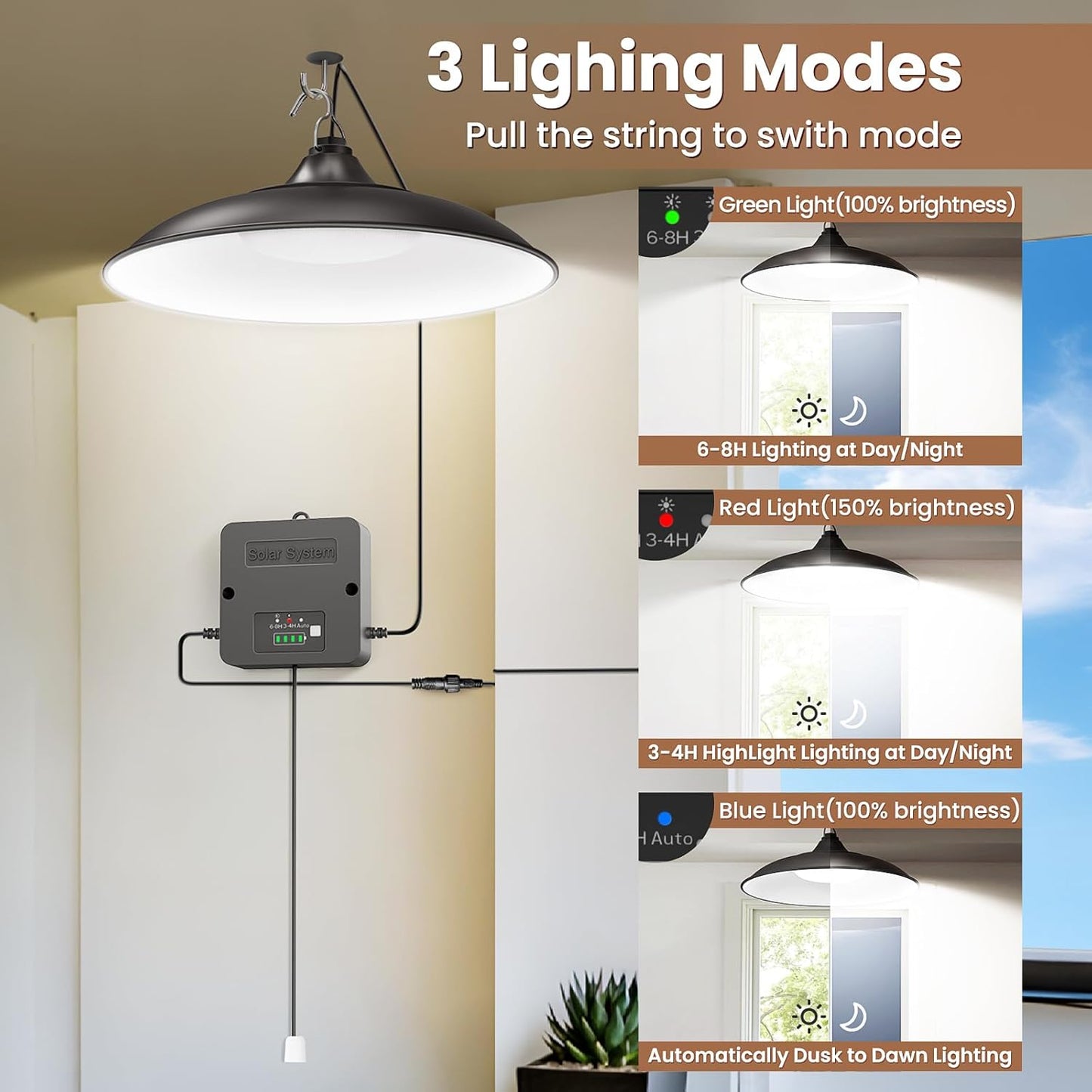Solar Shed Light Indoor Outdoor, 2000LM Daytime Available Pendant Light with Pull Cord, Power Display & Mode Indicator, 3 Lighting Modes Solar Lights IP65 Waterproof for Garage Gazebo Porch