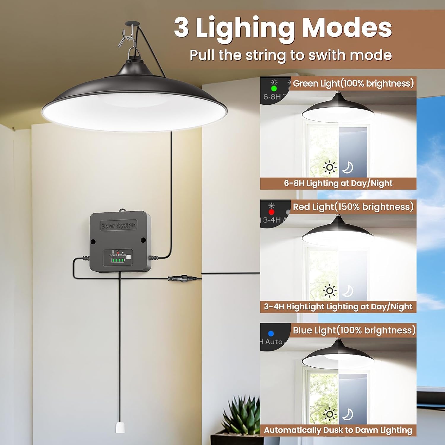 Solar Shed Light Indoor Outdoor, 2000LM Daytime Available Pendant Light with Pull Cord, Power Display & Mode Indicator, 3 Lighting Modes Solar Lights IP65 Waterproof for Garage Gazebo Porch