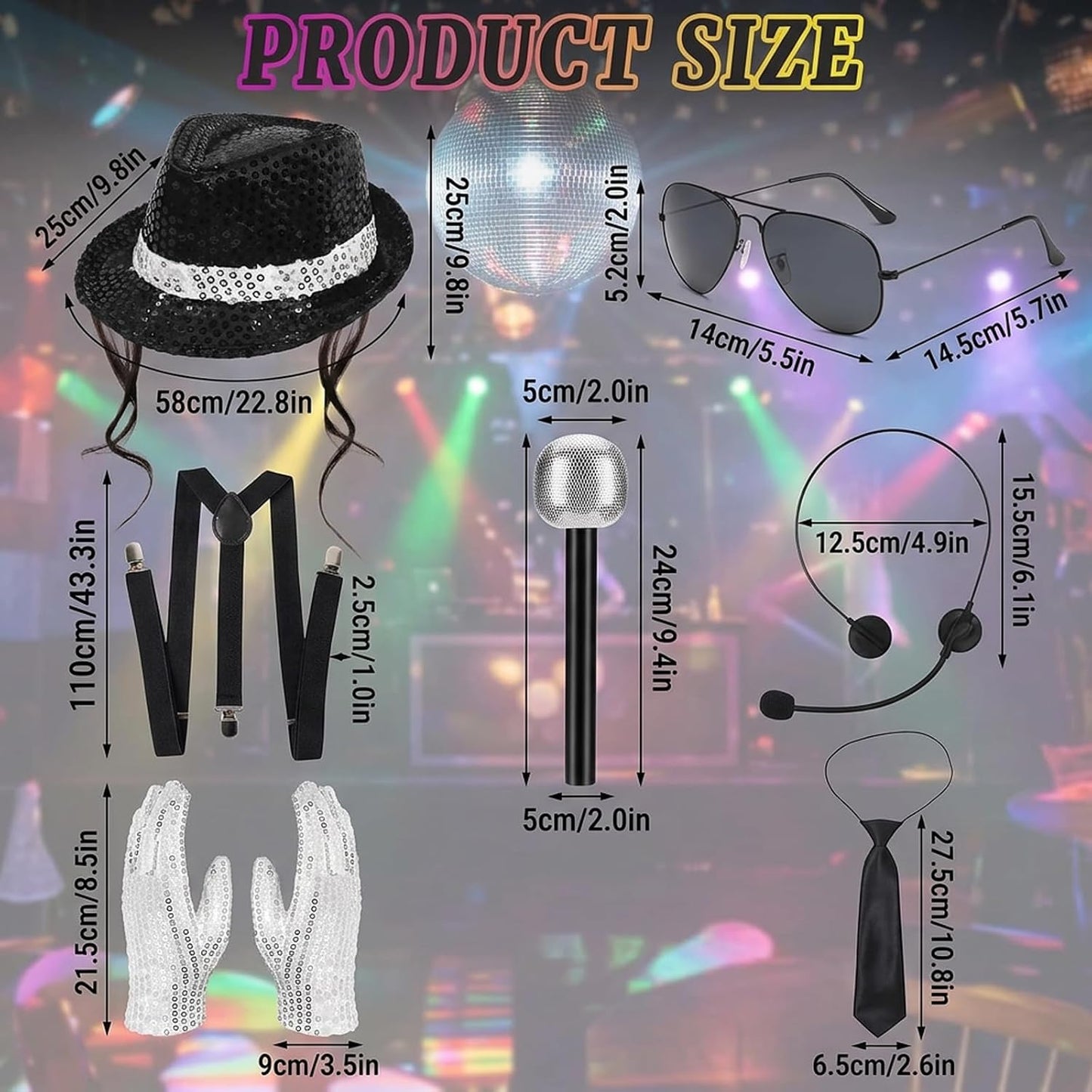 MJ Costume, 80S Fancy Dress Men, 7Pcs Disco Clothing Set Halloween Costumes, with Hat, Glasses, Tie, Microphone, Headset, Suspenders and Gloves