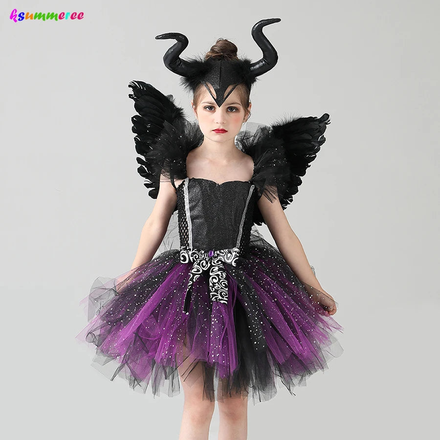 Glittery Black & Purple Kids Evil Witch Tutu Dress Girls Dark Fairy Witch Tutu Halloween Cosplay Costume with Horns and Wings