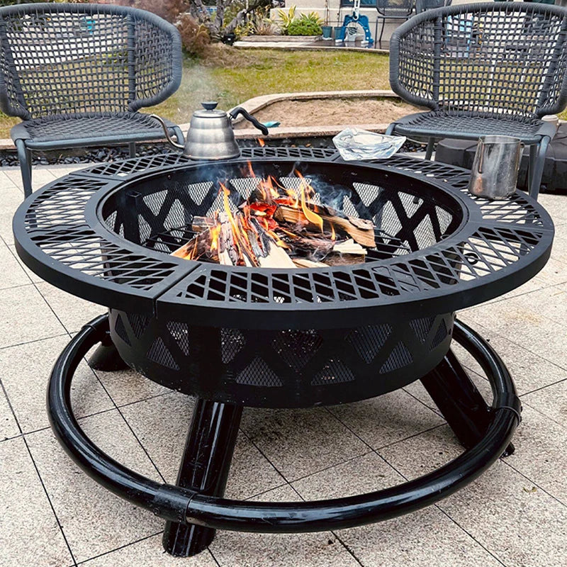 Charcoal Grill & Patio Heater 2-In-1,Area for 8-10 People, Heavy Duty Black Steel Fire Pit with Wheels, Outdoor BBQ