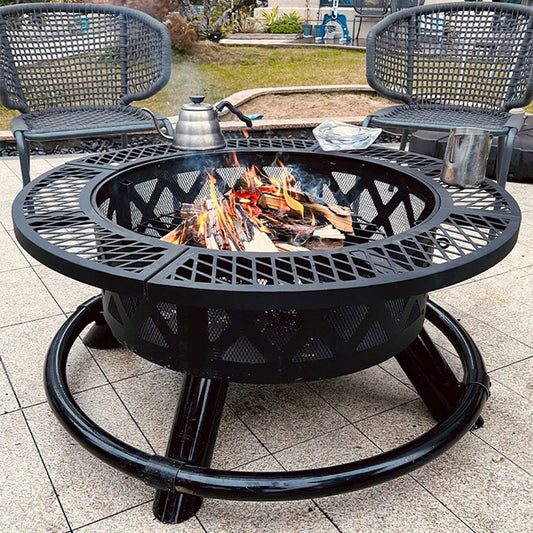 Charcoal Grill & Patio Heater 2-In-1,Area for 8-10 People, Heavy Duty Black Steel Fire Pit with Wheels, Outdoor BBQ