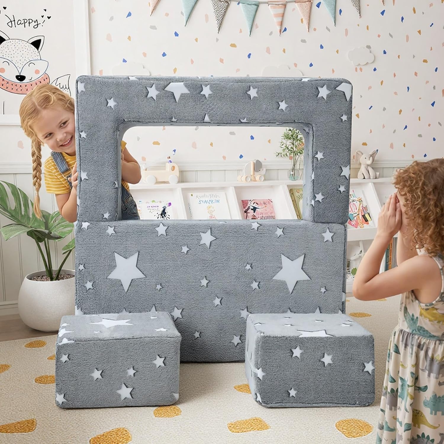 Kids Sofa Bed, Modular Toddler Couch, Glow in the Dark Stars Kids Chair Lounger Fold Out, Baby Mini Couch Bedroom Furniture for Playroom, Grey Star