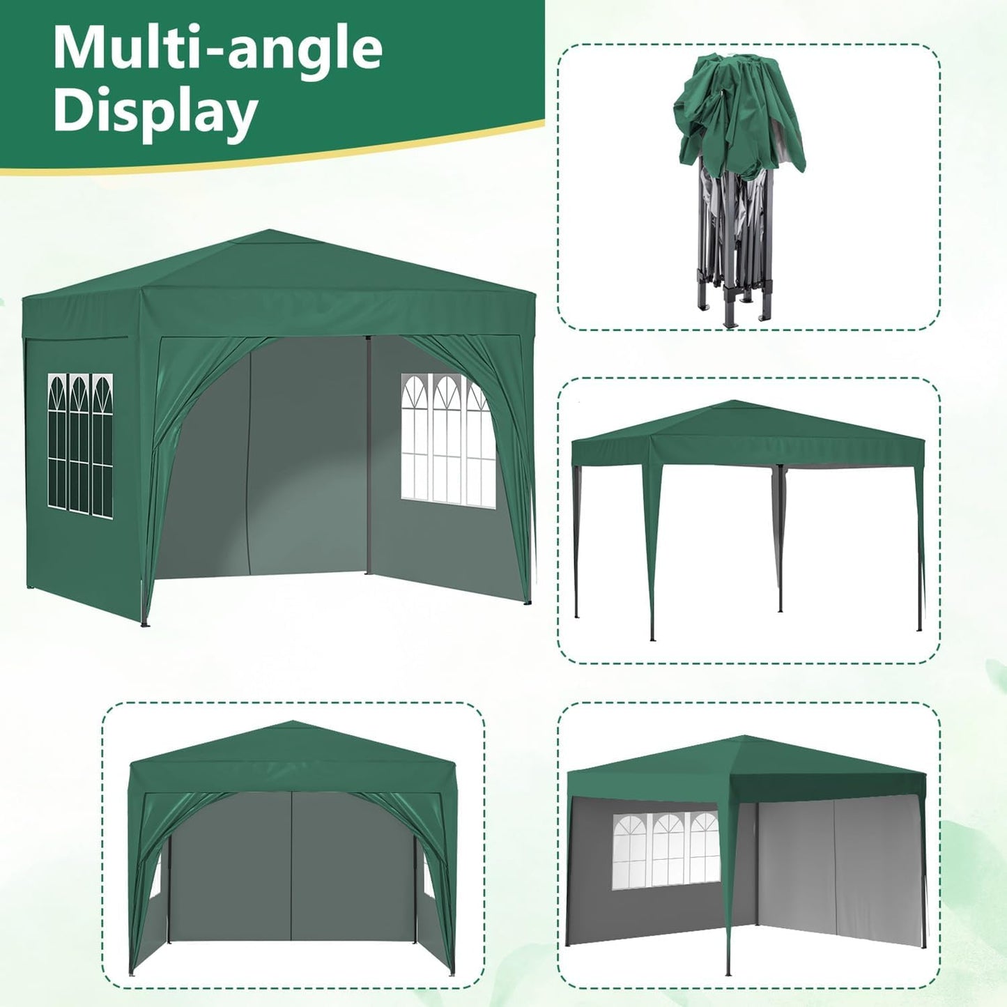 Pop up Gazebo with Sides, 3M X 3M Waterproof with 2 Free Weather Support Beams 4 Gazebo Weight Bags. Garden Canopy Outdoor, Party Tent, 260G Polyester Powder Coated Steel Frame. GREEN