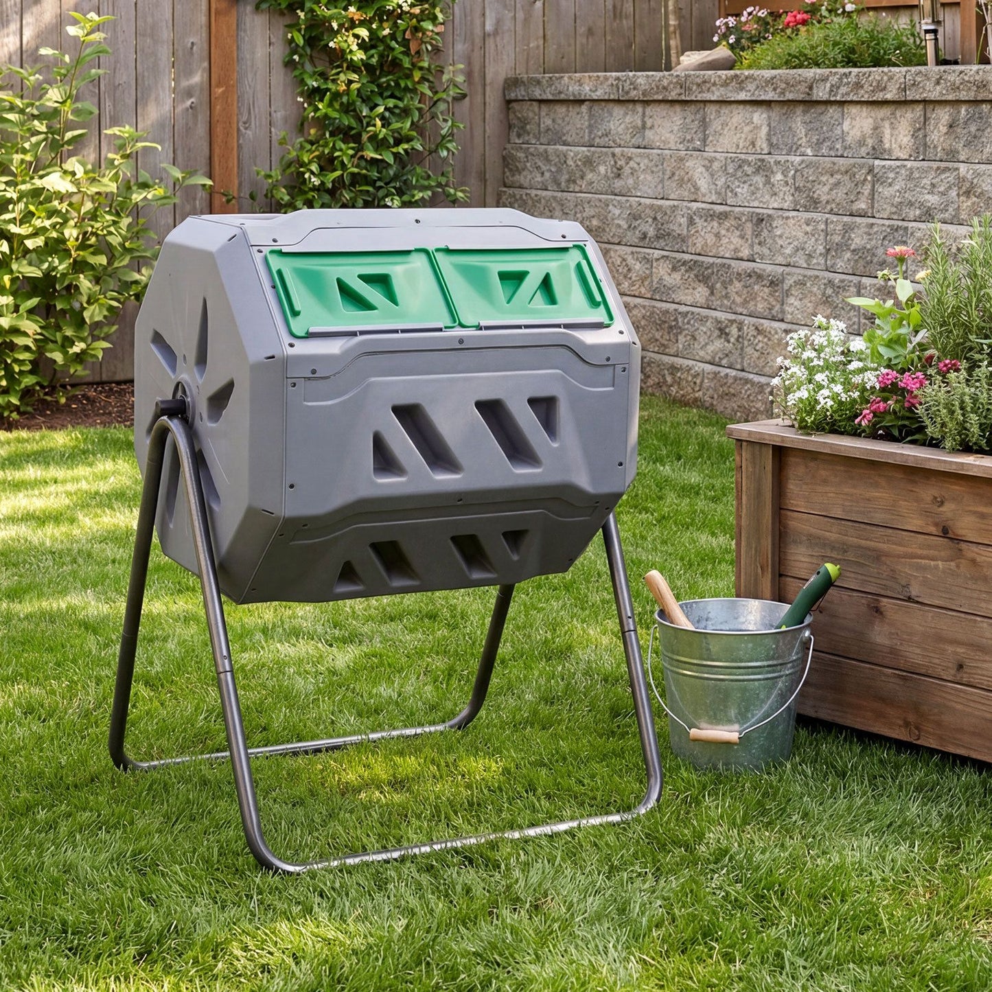 Compost Bin 160L Dual Chamber Composting Tumbler with Sliding Doors