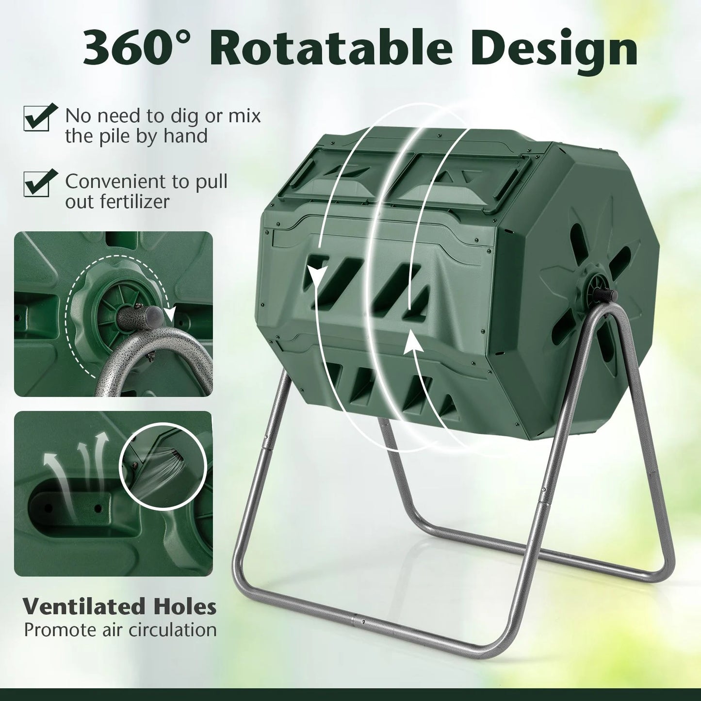 Compost Bin 160L Dual Chamber Composting Tumbler with Sliding Doors