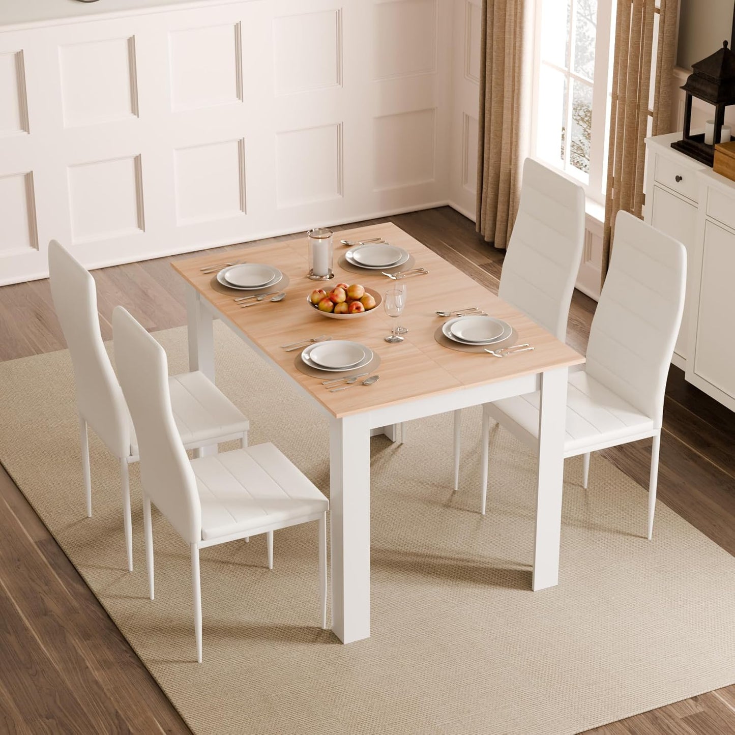 Dining Table and Chairs Set 4, 120X80X75Cm, for Kitchen Home Office | 4 Seater Table and Chairs Set Dining Room Sets High Back Faux Leather Chair, Oak Table and White Chairs