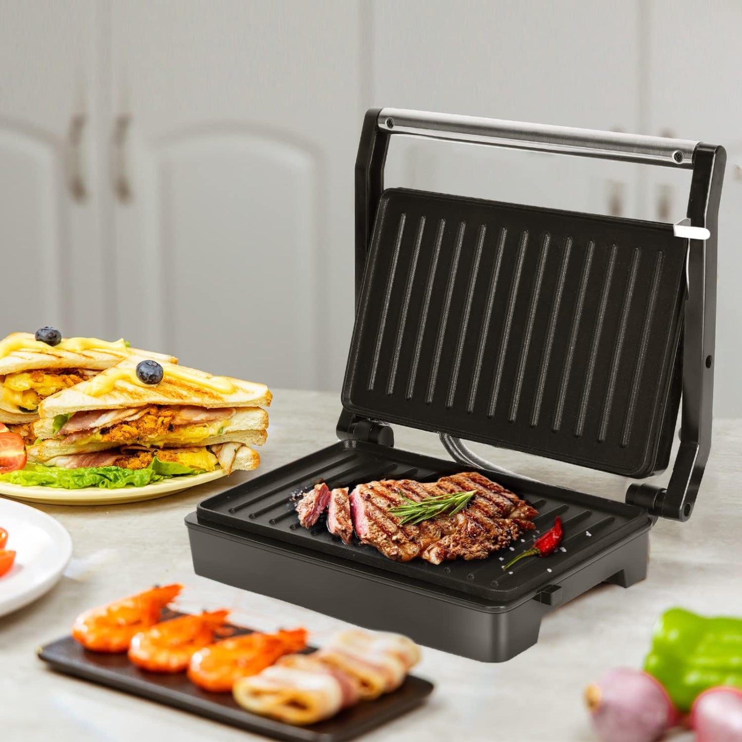 Sandwich Toaster Panini Press, 1000W Deep Fill Toastie Maker, Non-Stick-Coated Aluminium Plates, Indicator Light, Stainless Steel, Black-Larissa