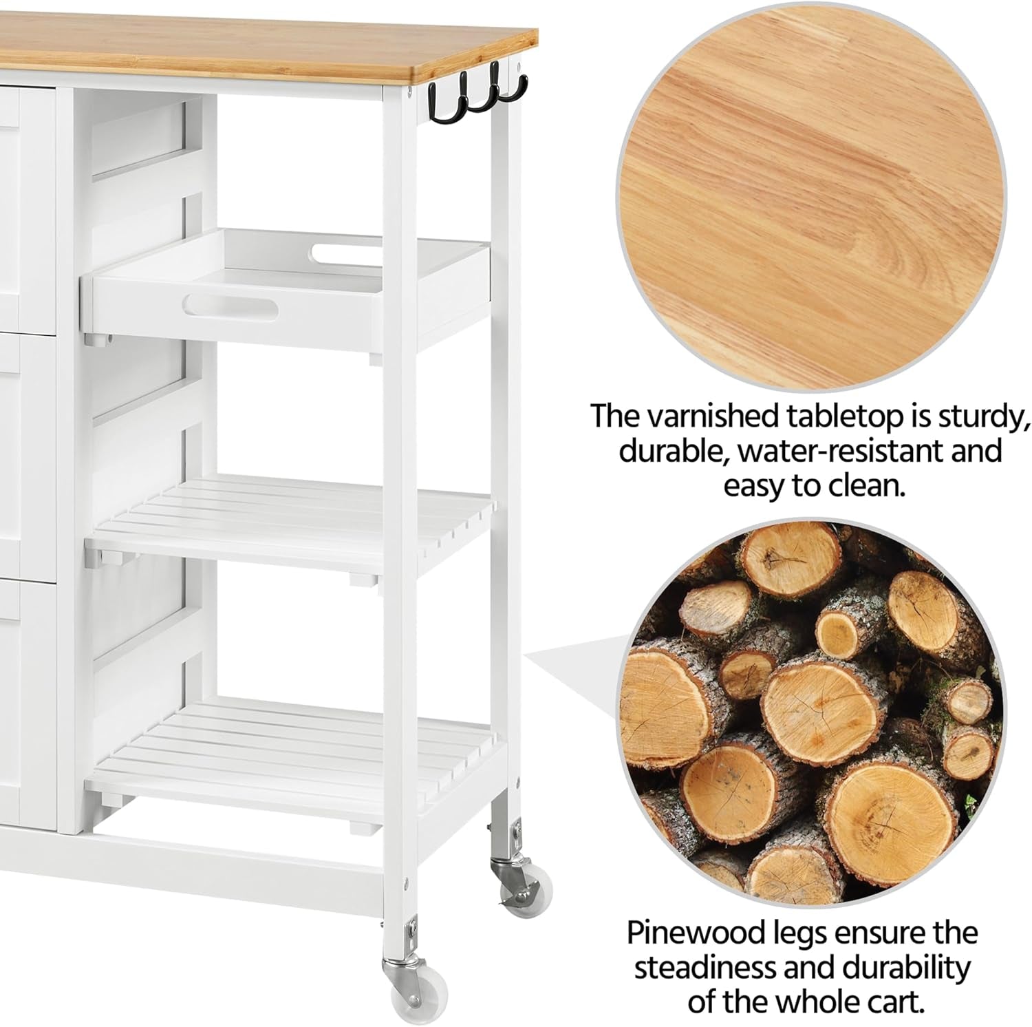 Kitchen Storage Trolley on Wheels, Rolling Kitchen Island Cart with 3 Drawers and 3 Shelves, Mobile Storage Sevring Trolley Cart for Dining Room, Bathroom, Laundry, Living Room, White