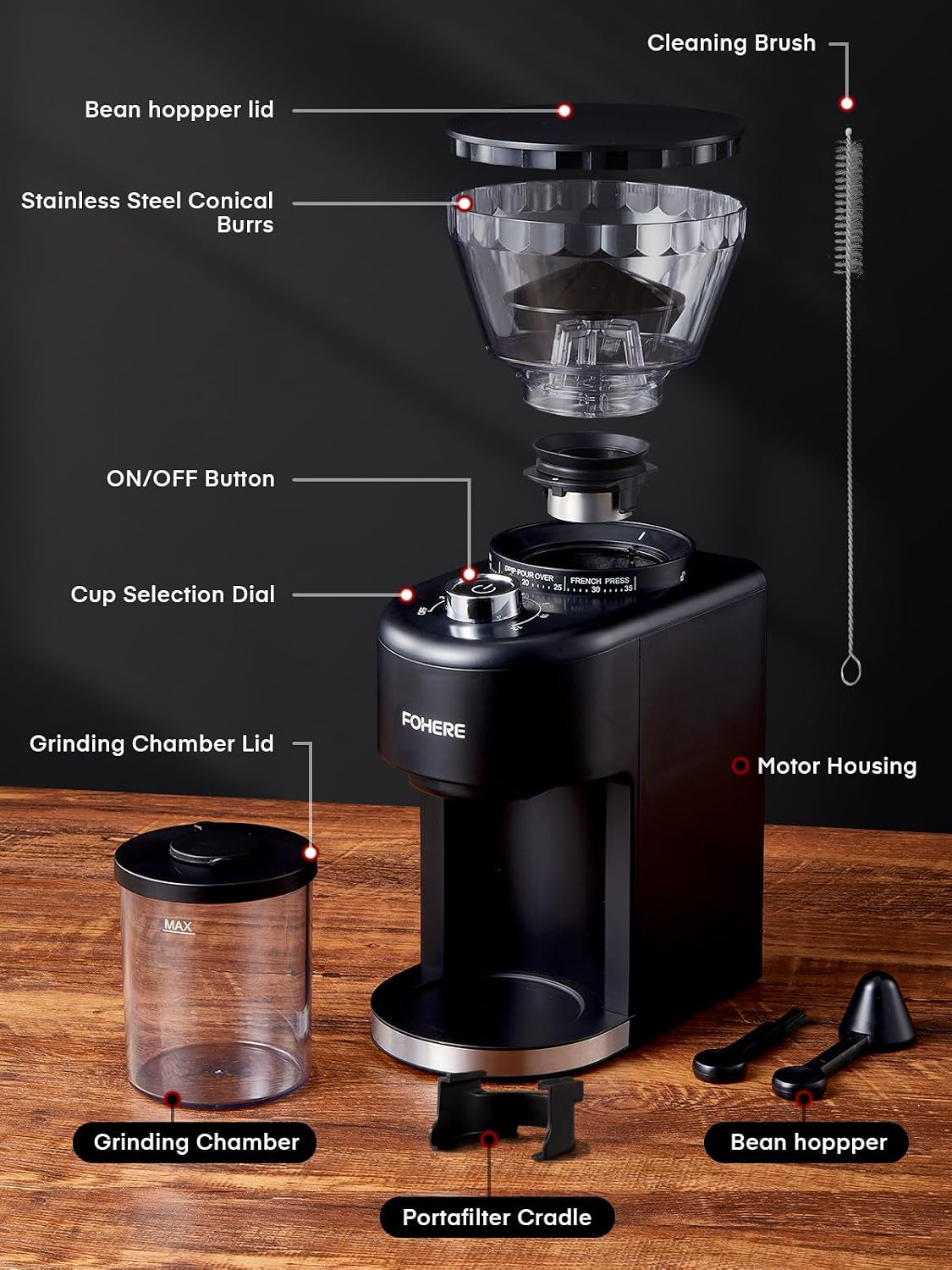 Conical Burr Coffee Grinder Electric, Coffee Bean Grinder with 35 Precise Grind Setting, Adjustable Burr Grinders, Anti-Static Burr Coffee Grinder for Espresso, Drip Coffee, French Press, Black