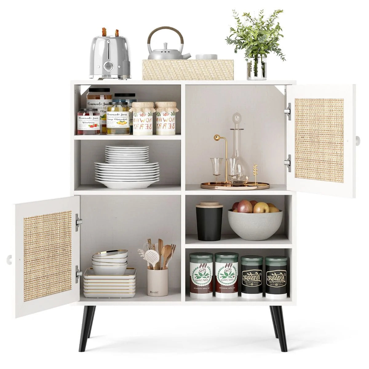 Rattan Sideboard Buffet Cabinet with 4 Cubbies and 2 Rattan-Decorated Doors