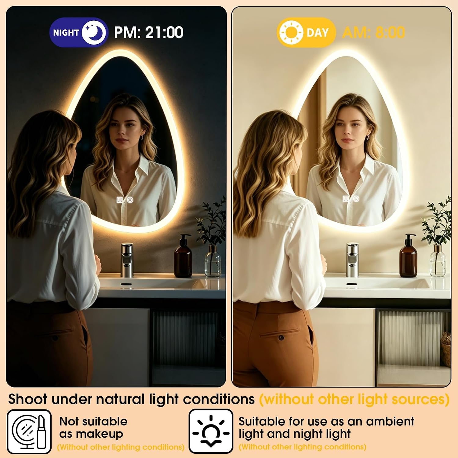 Bathroom Mirror with LED Lights, 500×700Mm Electric Vanity Mirror with Backlit Lights, Anti-Fog, Asymmetrical, Wall Mounted Dimmable 3 Color Lighting, IP54, Vertically Only