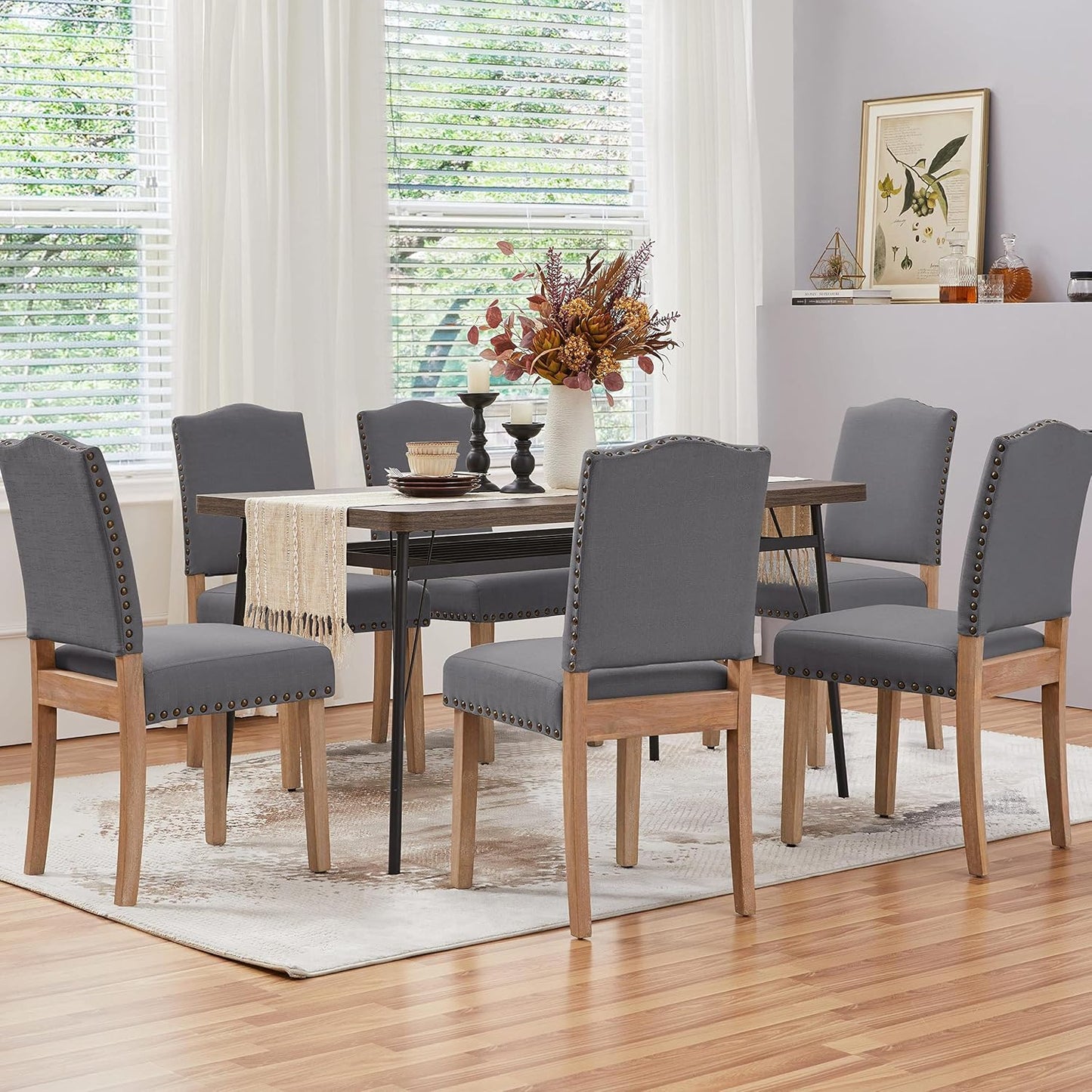Fabric Dining Chairs Set of 6 Nailhead Trim Upholstered Dark Grey | Upholstered Armless Kitchen Chairs Padded Seat, Dining Room Chairs Side Chairs for Living Room Restaurants, Cafés, Hotels