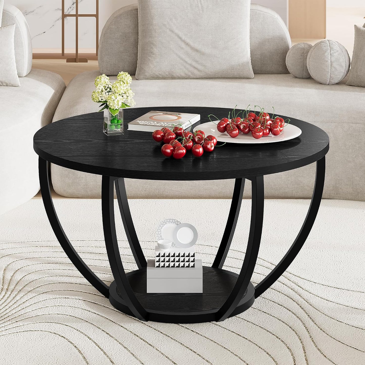 round Coffee Table,Accent Center Table for Living Room,Black | Black Coffee Table,Wooden 2-Tier Circle Coffee Tables with Storage Shelves,Sofa Table for Home Office,Easy Assembly