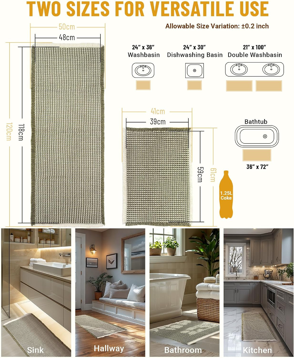 Large Waffle Bath Mat Set, Non Slip Bathroom Mat Set, Ultra Absorbent Bath Mats for Bathroom Decor, Extra Soft Floor Bathroom Rugs Sets 2 Piece, Green&White Washable Mats(51×119Cm &41×61Cm)