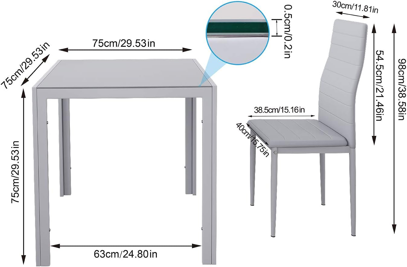 Glass Table and Chairs Set 4, 75Cm Square Table with 4 Faux Leather High Back Chairs Modern Dining Room Sets for Home Kitchen Office, Grey