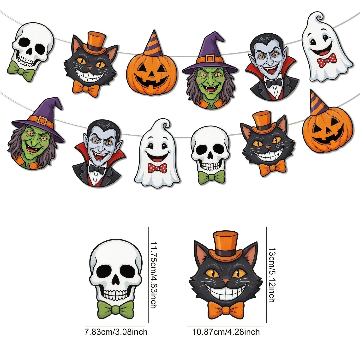 Cartoon Halloween Character Banner Witch Vampire Ghost Pumpkin Black Cat Skull Bunting Garland for Indoor Home Party Decor