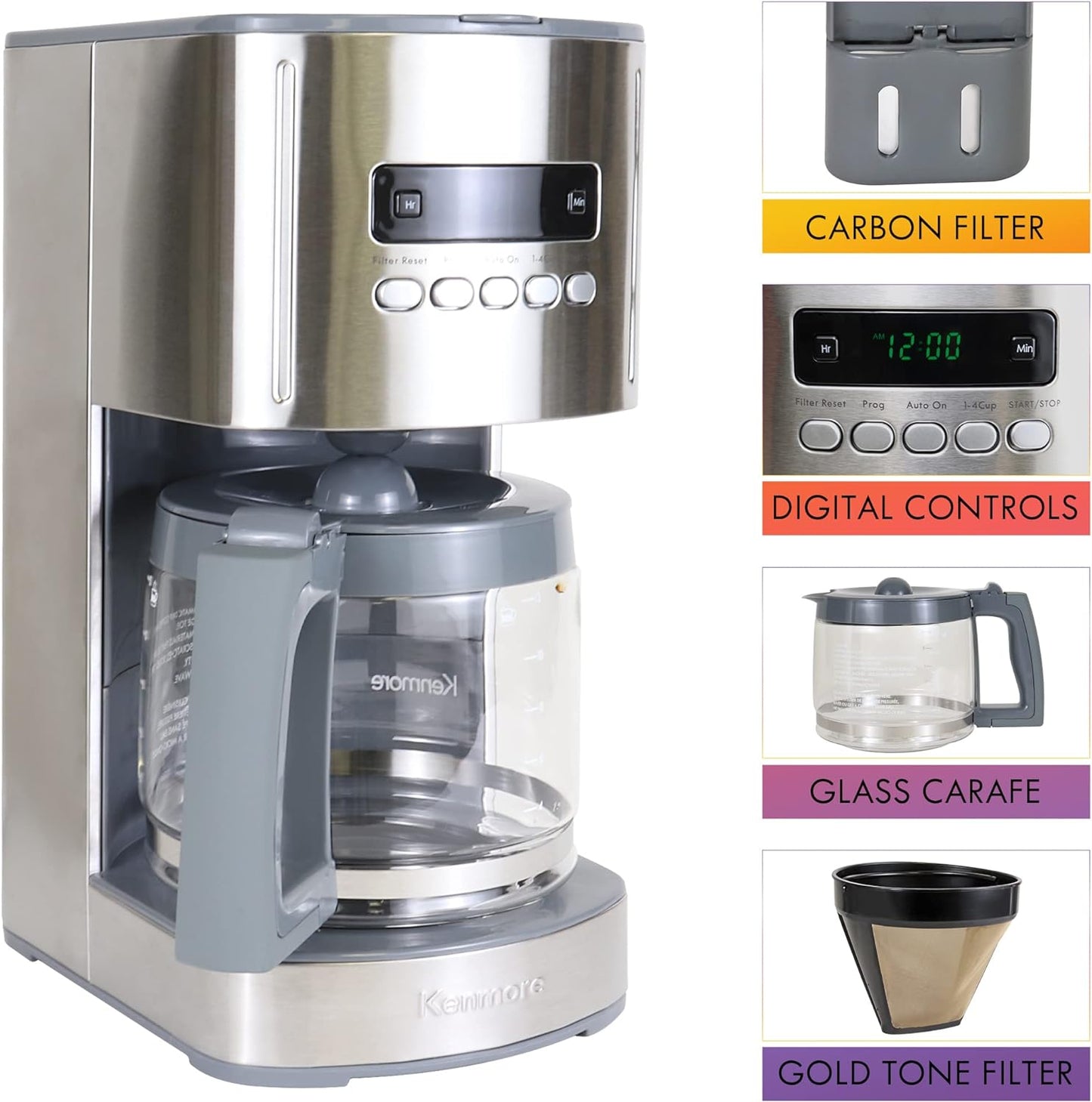 Kenmore Filter Coffee Machines 12-Cup Drip Coffee Makers with 1.8L Glass Pot for Ground Coffee Digital Display Programmable Timer Auto Shut off Warming Plate Reusable Filter Kitchen Appliances Silver