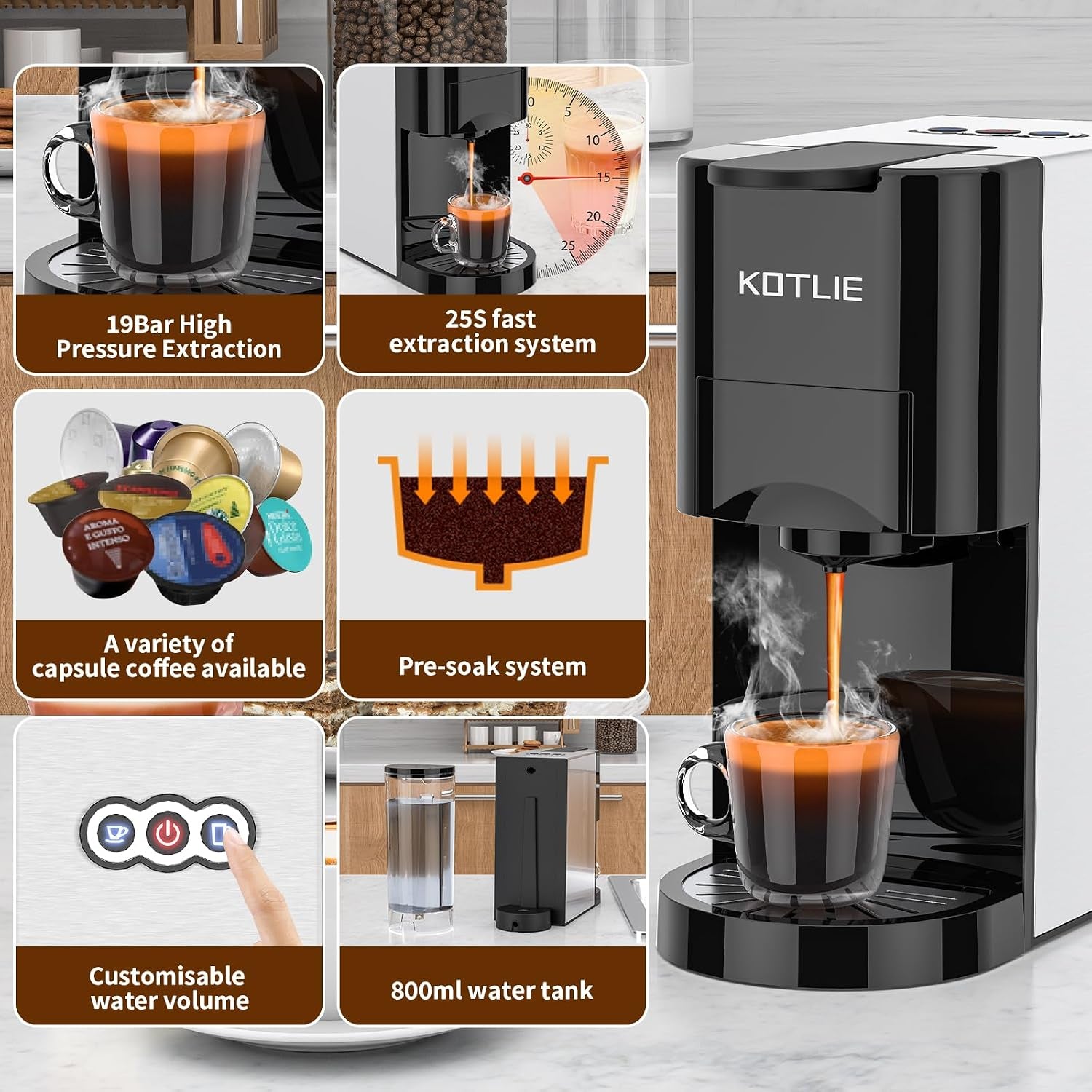 4 in 1 Pod Coffee Machines Compatible with Nespresso Original, Dolce Gusto, Ground Coffee and ESE Coffee Pods, 19 Bar Automatic Espresso Coffee Capsule Machine for Home Kitchen Office, Classic