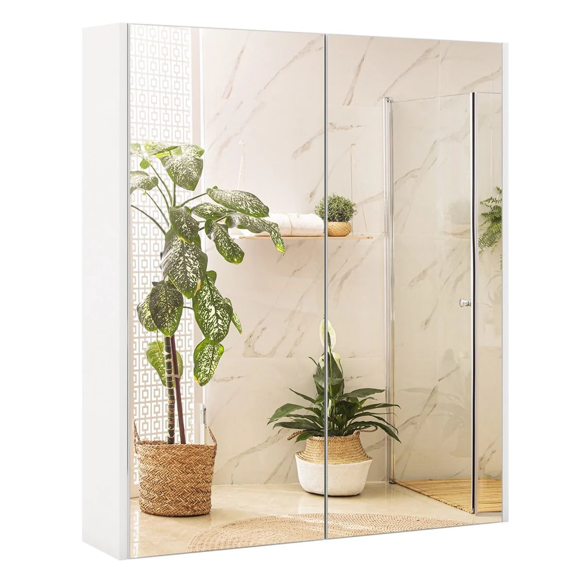 Sleek Medicine Cabinet with Double Mirrored Doors - Space-Saving Storage Solution for Your Bathroom