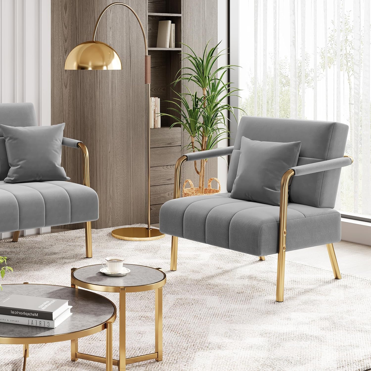 Velvet Single Sofa Chair, Gold Metal Arms Living Room Light Grey | Small Sofa Couch Gold-Tone Metal Arms and Legs Pillows for Bedroom, Home Office, Studio, Small Space