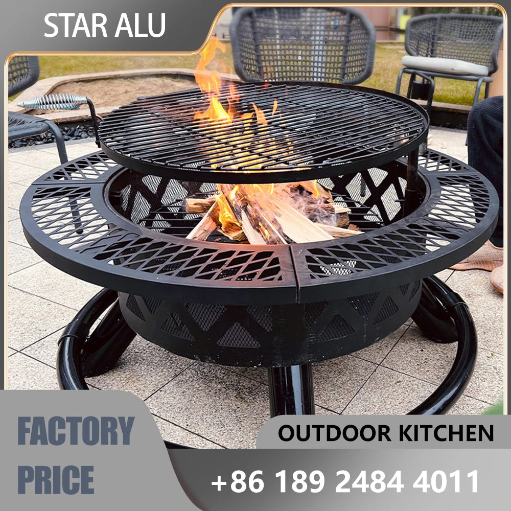 Charcoal Grill & Patio Heater 2-In-1,Area for 8-10 People, Heavy Duty Black Steel Fire Pit with Wheels, Outdoor BBQ