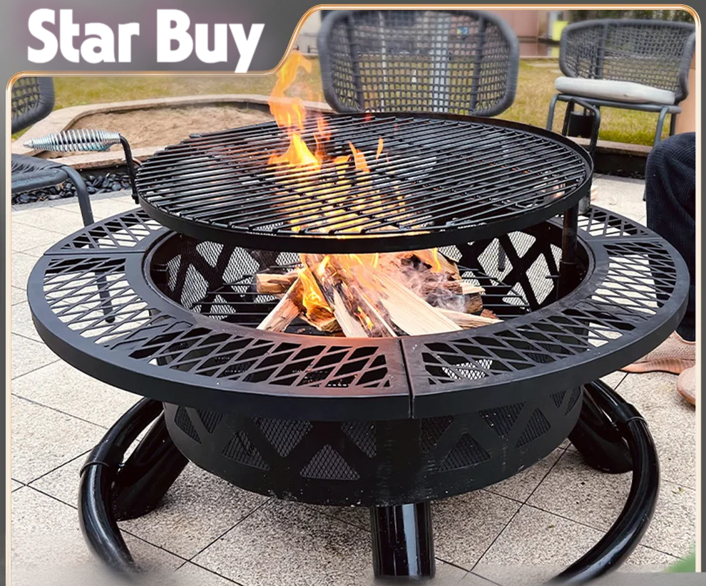 Charcoal Grill & Patio Heater 2-In-1,Area for 8-10 People, Heavy Duty Black Steel Fire Pit with Wheels, Outdoor BBQ