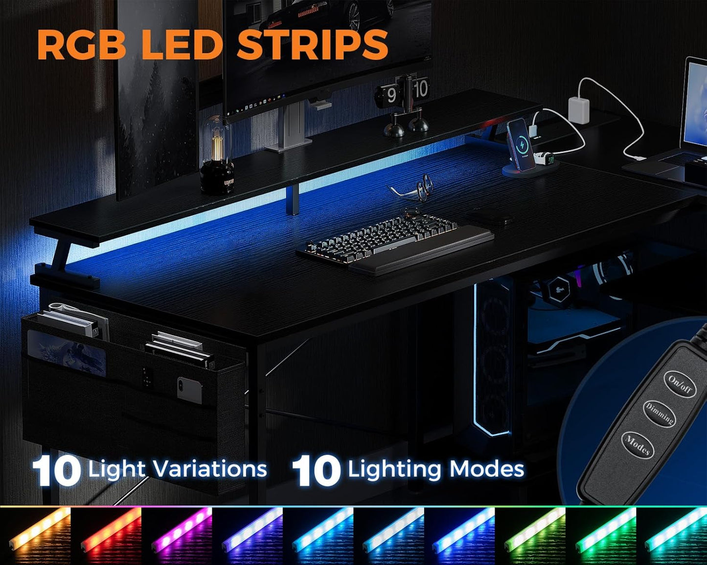 L Shaped Gaming Desk with LED Lights, 120 × 80 Cm Computer Desk with Power Outlet, Reversible Corner Gaming Table with Storage Shelves & Monitor Stand, Black