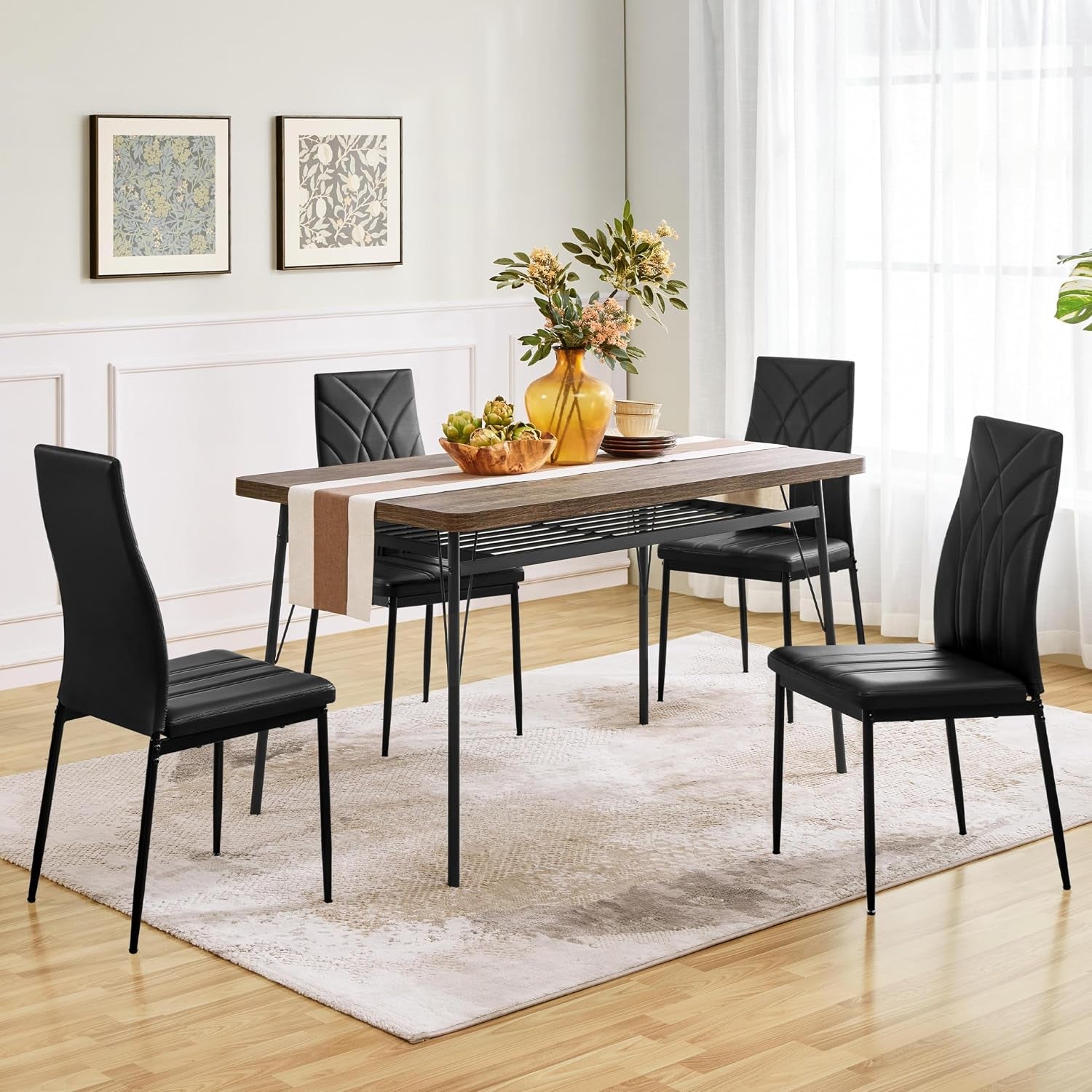 4Pcs Dining Chairs High Back PU Leather Petal Back Chairs Black | Upholstered Kitchen Chairs, Mid-Century Modern Armless Side Chairs with Sturdy Metal Legs for Dining Room Counter Kitchen