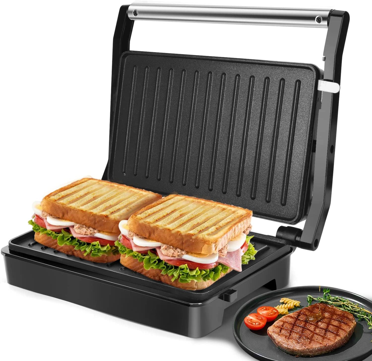 Sandwich Toaster Panini Press, 1000W Deep Fill Toastie Maker, Non-Stick-Coated Aluminium Plates, Indicator Light, Stainless Steel, Black-Larissa