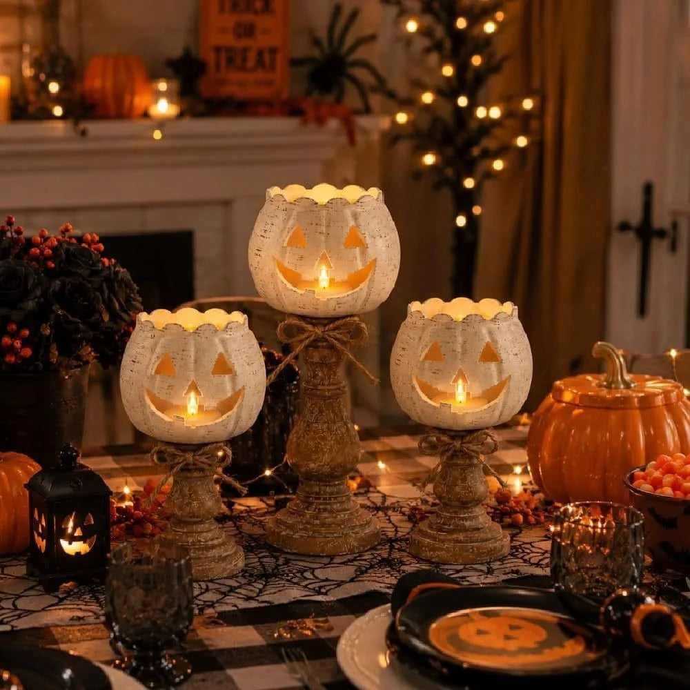 Halloween Pumpkin Candle Holder, Rustic Jack O Lantern Candlestick Tabletop Decor for Fall Harvest Party