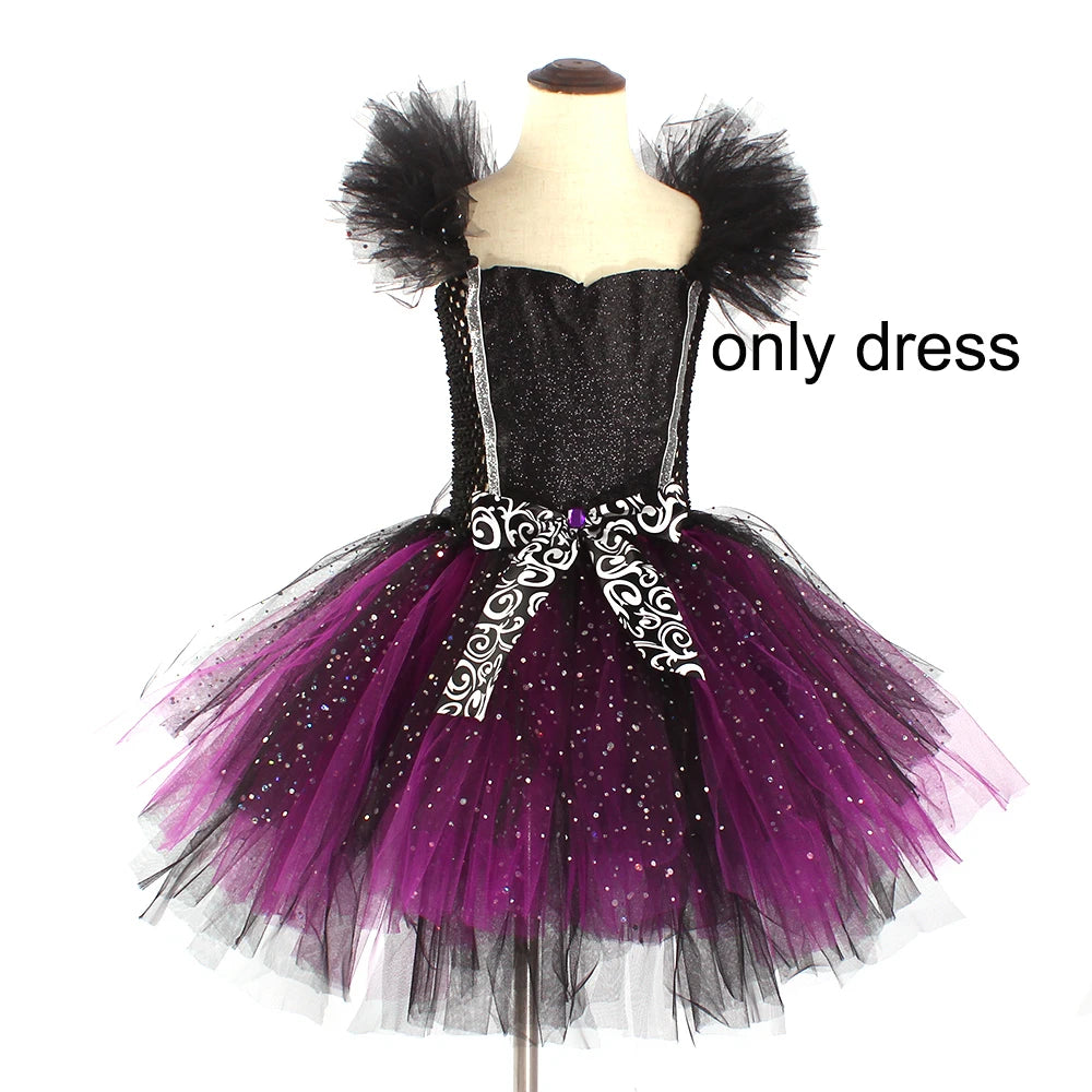 Glittery Black & Purple Kids Evil Witch Tutu Dress Girls Dark Fairy Witch Tutu Halloween Cosplay Costume with Horns and Wings