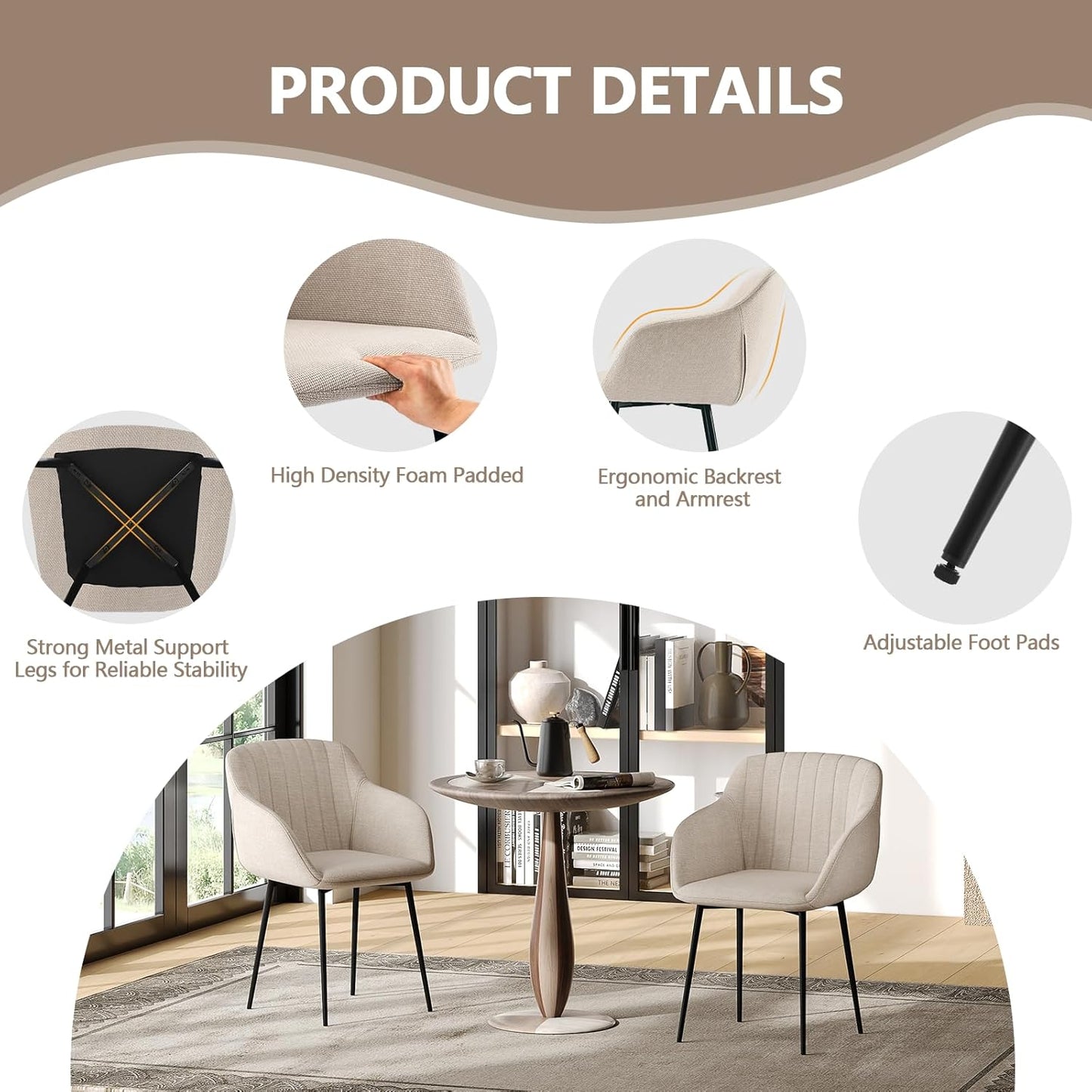 Dining Chairs Set of 2 Polyester Armchair for Living Room with Metal Legs Kitchen Chairs, Beige
