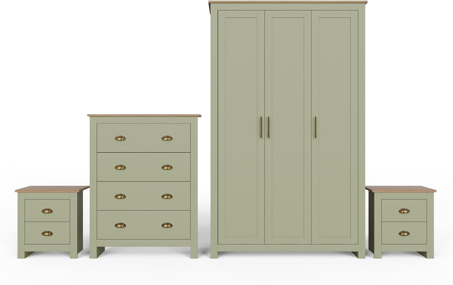 4 Piece Bedroom Furniture Set with 3 Door Wardrobe, 4 Drawer Chest & 2 Bedside Tables, Shaker Style Bedroom Storage Set with Oak Effect Tops