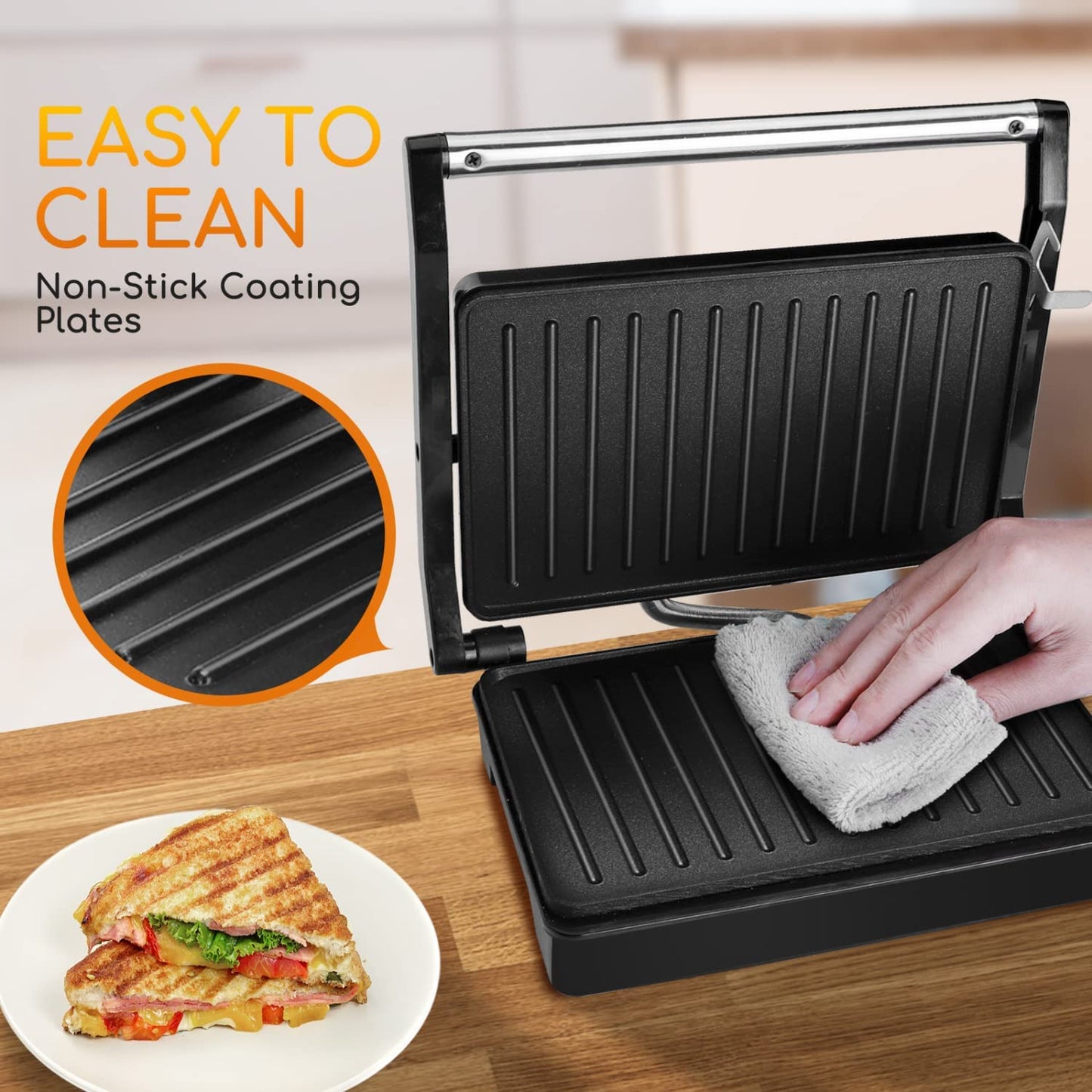 Sandwich Toaster Panini Press, 1000W Deep Fill Toastie Maker, Non-Stick-Coated Aluminium Plates, Indicator Light, Stainless Steel, Black-Larissa