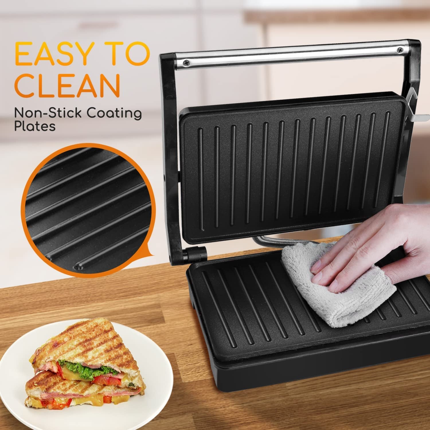 Sandwich Toaster Panini Press, 1000W Deep Fill Toastie Maker, Non-Stick-Coated Aluminium Plates, Indicator Light, Stainless Steel, Black-Larissa
