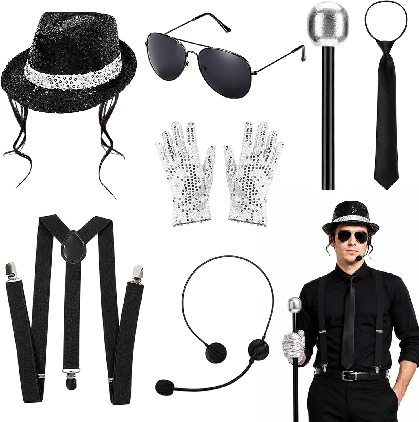 MJ Costume, 80S Fancy Dress Men, 7Pcs Disco Clothing Set Halloween Costumes, with Hat, Glasses, Tie, Microphone, Headset, Suspenders and Gloves