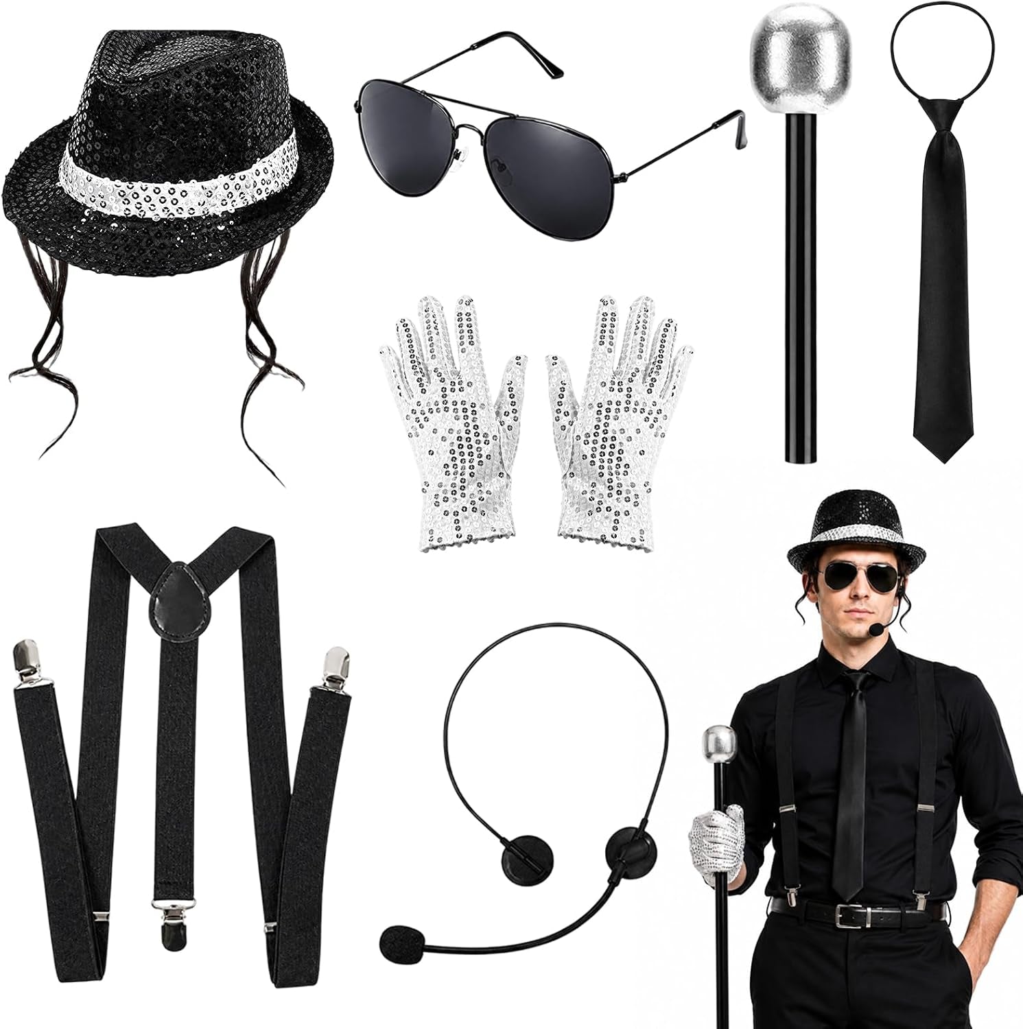 MJ Costume, 80S Fancy Dress Men, 7Pcs Disco Clothing Set Halloween Costumes, with Hat, Glasses, Tie, Microphone, Headset, Suspenders and Gloves