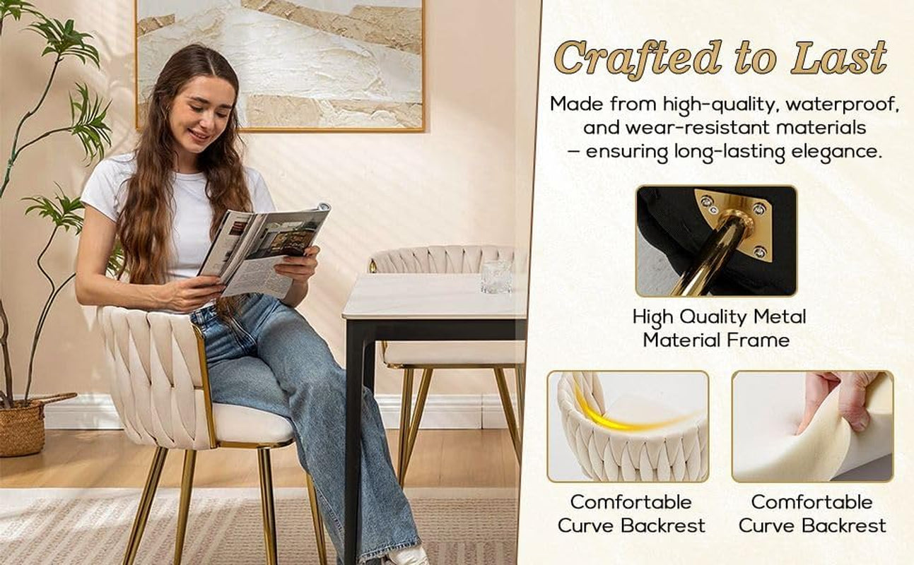 Set of 2 X Luxury Velvet/Metal Upholstered Seat Woven Dining Kitchen Home Restaurant Bar Pub Stool Chair (Cream/Gold)