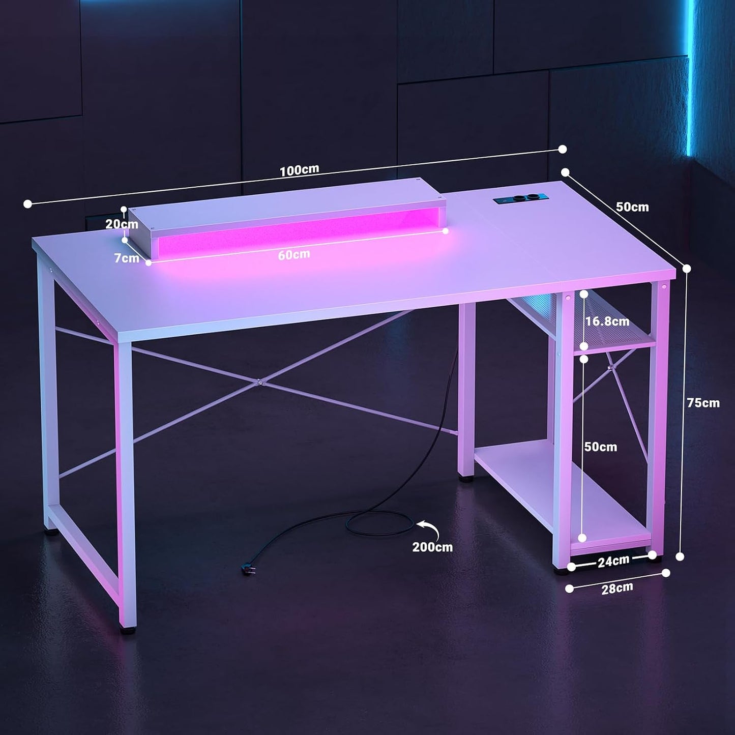 Gaming Desk with LED Lights & Power Outlet, Reversible Computer Desk with Moveable Monitor Stand, 100X75X50Cm Office Desk with USB Charging Station for Home, Bedroom, Study, White