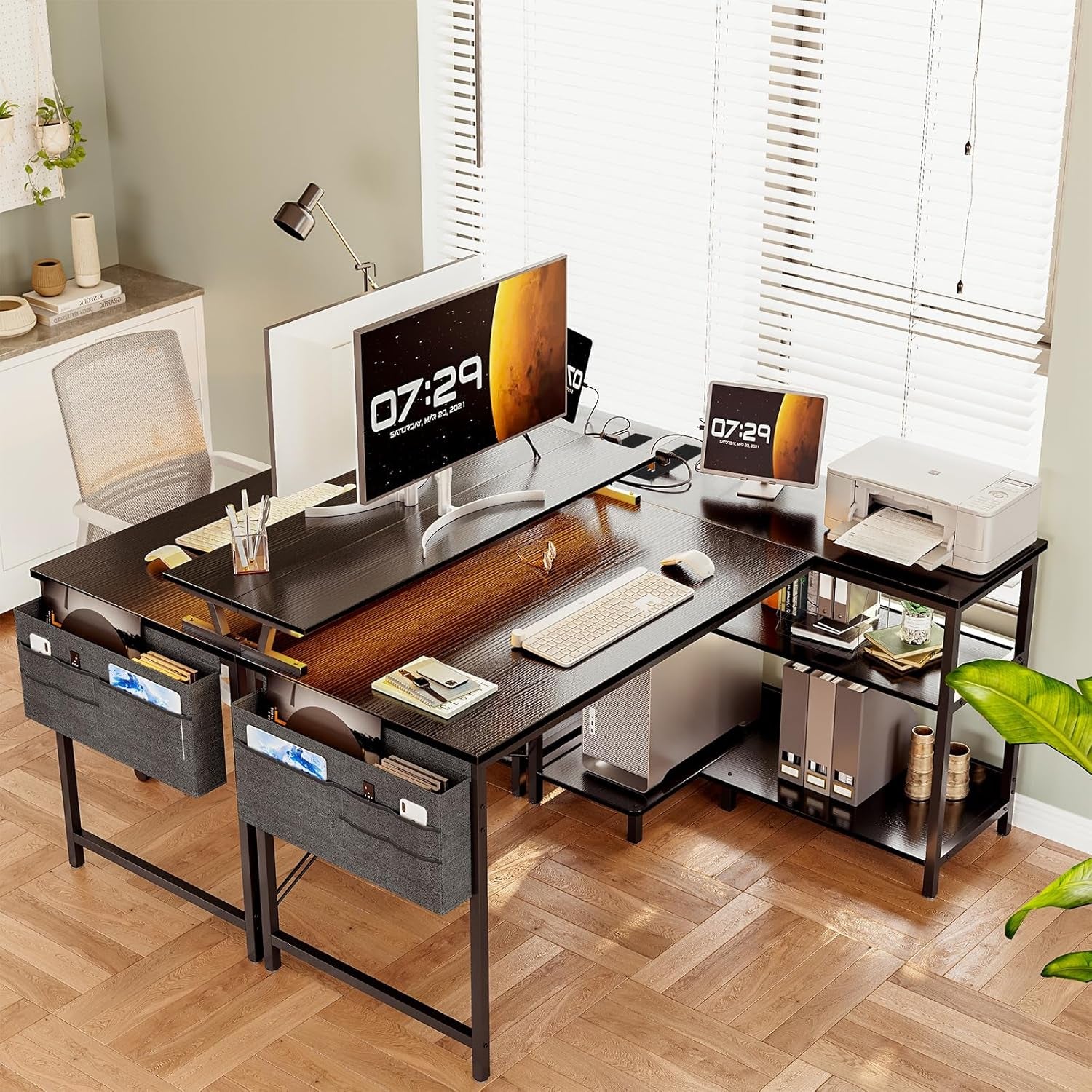 L Shaped Gaming Desk with LED Lights, 120 × 80 Cm Computer Desk with Power Outlet, Reversible Corner Gaming Table with Storage Shelves & Monitor Stand, Black