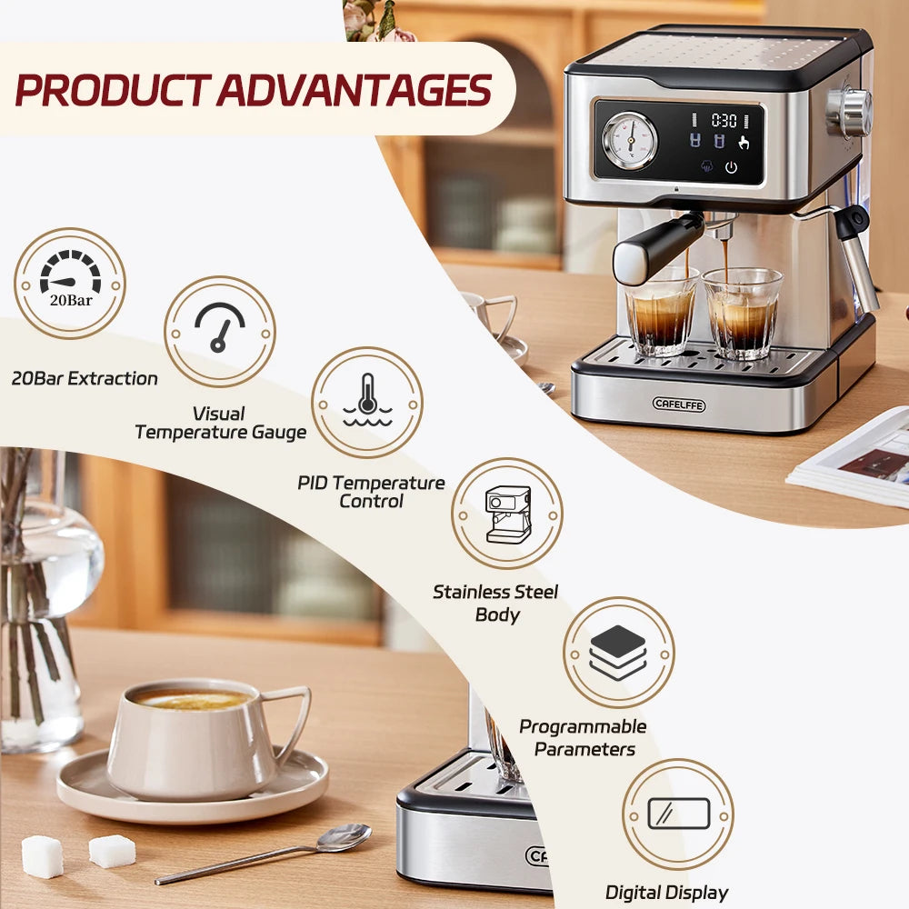 Espresso Coffee Machines Stainless Steel with Milk Frother Steam Wand Semi-Automatic Cappuccino Maker 20Bar Cafetera