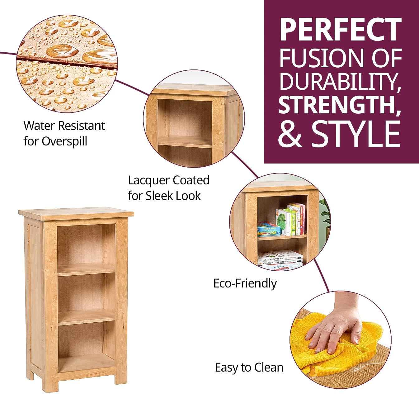 Waverly Solid Wooden Oak Bookcase, Solid Oak Furniture | Narrow Book Shelf with 2 Adjustable Shelves, Light Oak Low Bookshelf, Small Shelf Unit for Bedroom, Home Office, Living Room
