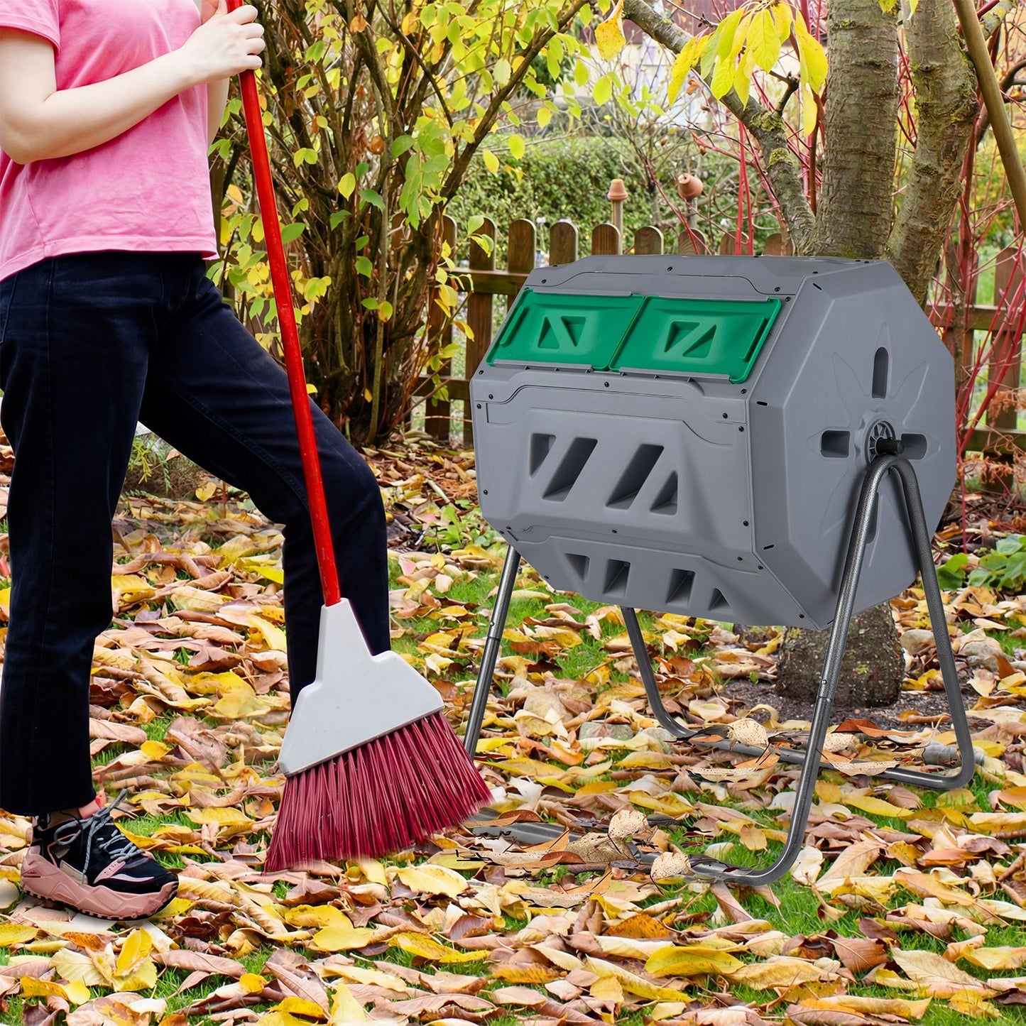 Compost Bin 160L Dual Chamber Composting Tumbler with Sliding Doors