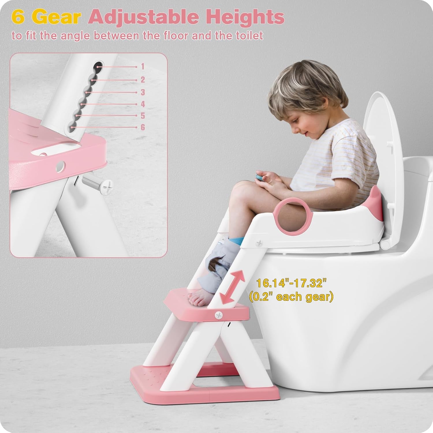 Bear Potty Training Seat, Upgrade 2 in 1 Toddler Toilet Seat,Splash Guard Anti-Slip Pad Step Stool,Pink