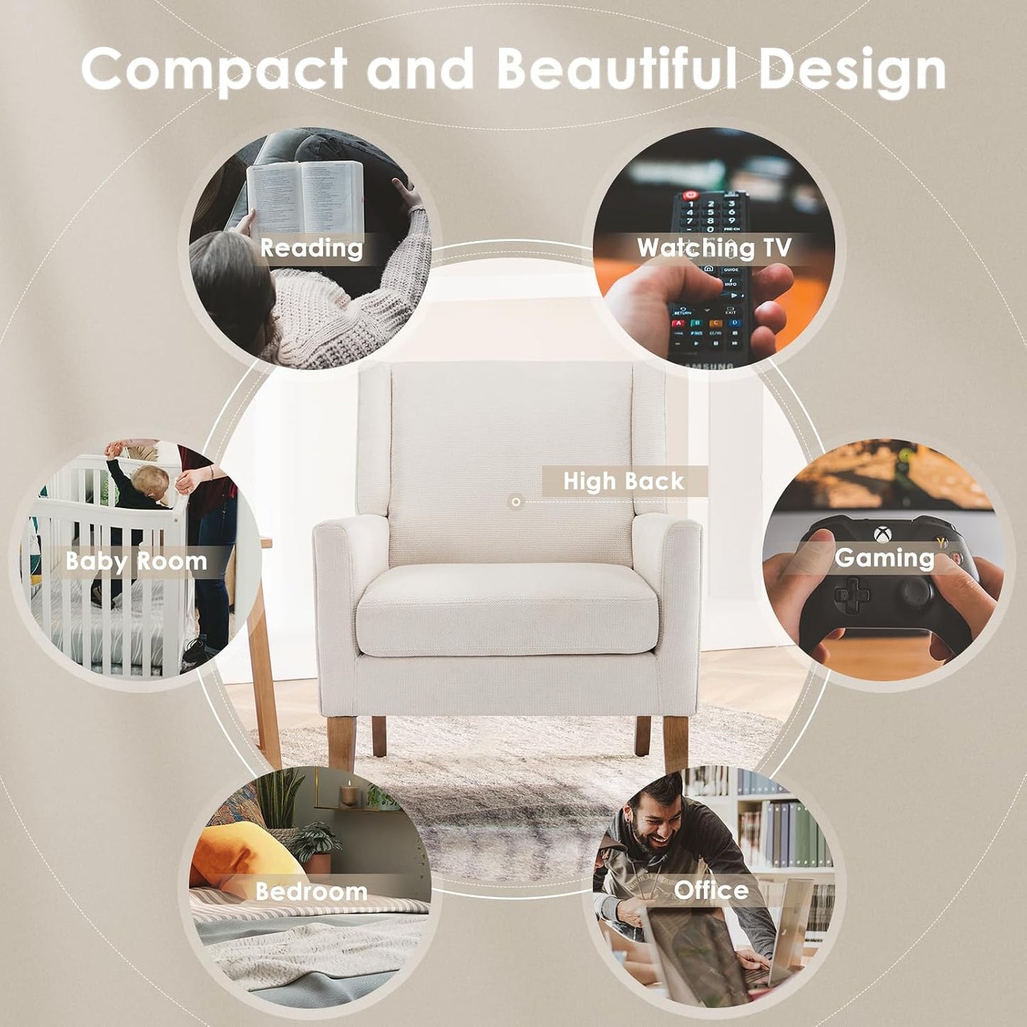 Modern Wingback Living Room Chair Set of 2, Upholstered Fabric Accent Armchair, Single Sofa Chair with Lounge Seat and Wood Legs for Bedroom/Office/Reading Spaces, Beige