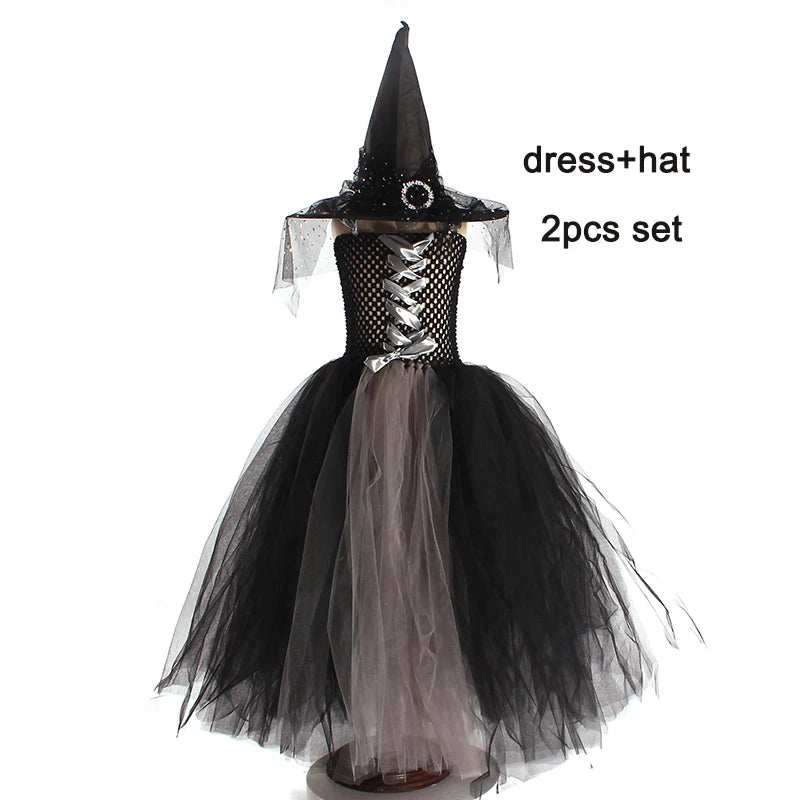 Girls Gothic Halloween Ghost Witch Costume Flare Sleeve Kids Gown Robe Tutu Dress with Witch Hat for Purim Carnival Party