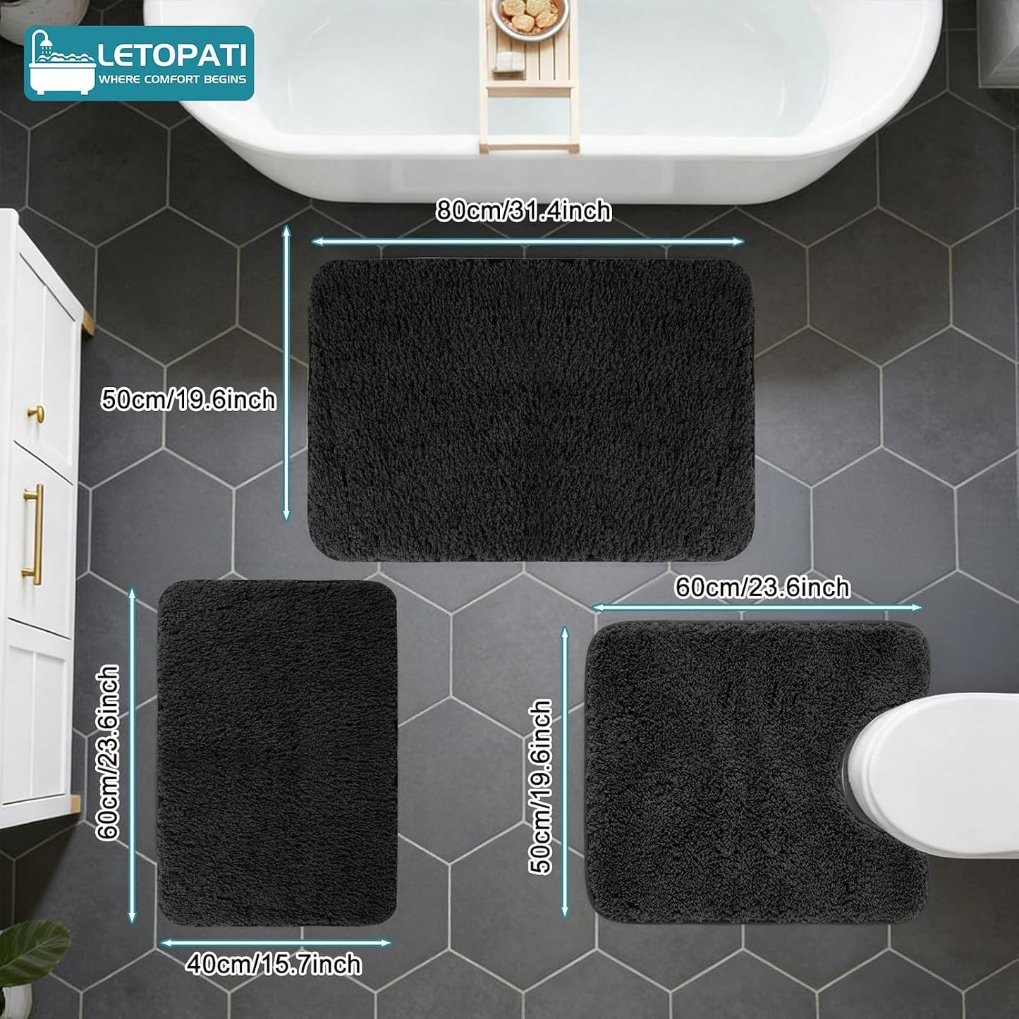 Bath Mat Sets 3 Piece, Non Slip Rubber Backing Bath Mats for Bathroom Floor, Extra Soft Microfiber Bathroom Mat and Toilet Mat, Absorbent Washable Bath Rug Sets,Black