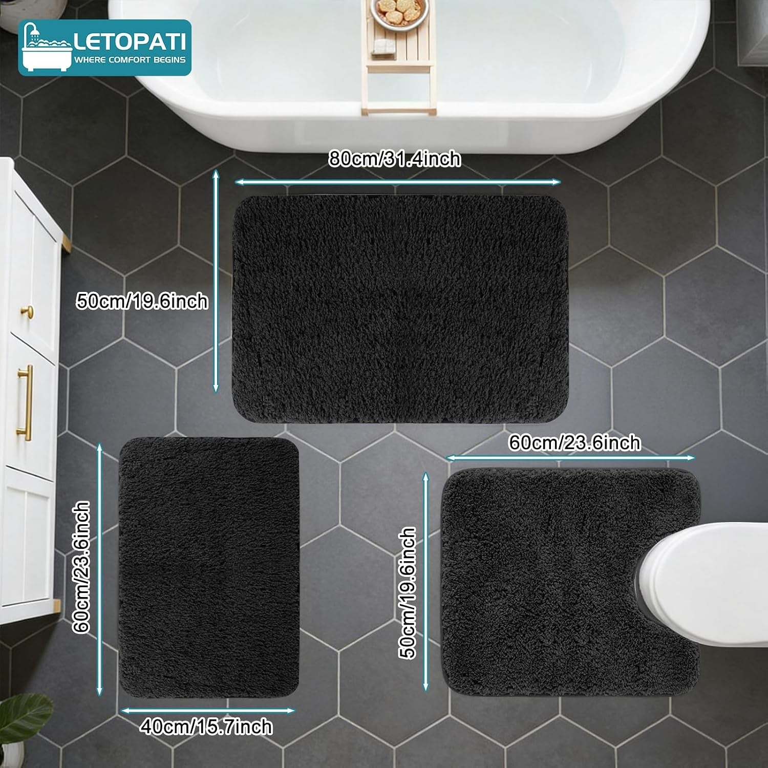 Bath Mat Sets 3 Piece, Non Slip Rubber Backing Bath Mats for Bathroom Floor, Extra Soft Microfiber Bathroom Mat and Toilet Mat, Absorbent Washable Bath Rug Sets,Black